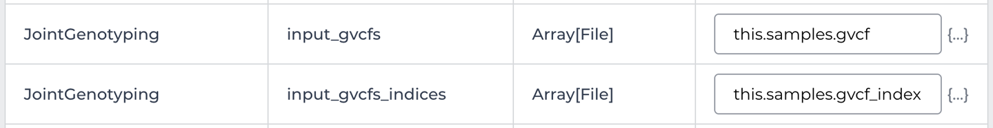 Input configuration details for the input_gvcfs and input_gvcfs_indices variables.