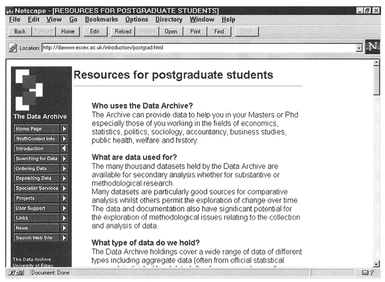 Figure 3.6 The Data Archive postgraduate resources Web page (source: The Data Archive 1998b).