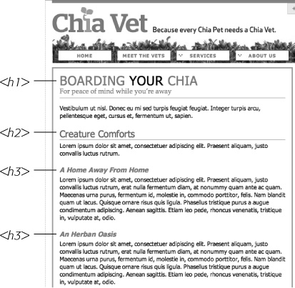 Use the headline tags (<h1>, <h2>, and so on) as you would if you were outlining a school report: Put them in order of importance, beginning with an <h1> tag, which should shout "Listen up! This is what this whole page is about."