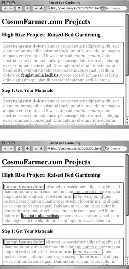 Fortunately, not all properties are inherited. The border applied to the paragraphs at top isn't inherited by the tags inside those paragraphs. If they were, you'd end up with an unattractive mess of boxes within boxes within boxes (bottom).