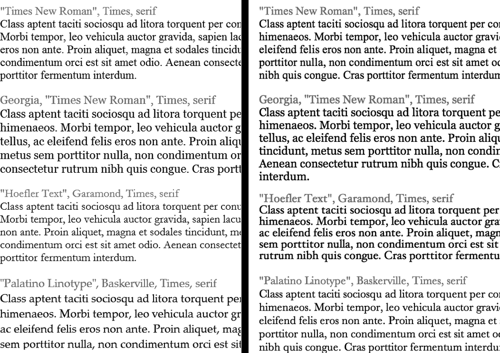 Fonts don't always display the same on Windows (left) and Macs (right). The two systems come with different built-in fonts. In addition, anti-aliasing, which makes onscreen text look smoother, is better on the Mac than on Windows. If you're on Windows and want better looking type on your own computer, you can turn on Microsoft's Clear Type technology: www.microsoft.com/typography/cleartype.