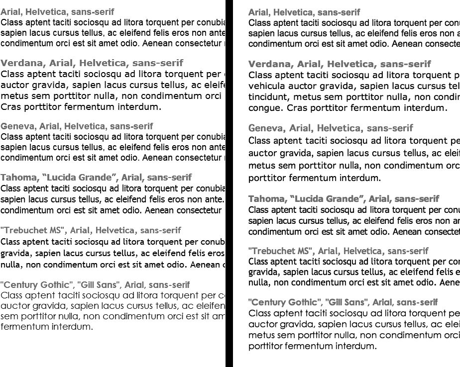 Windows (left) and Mac (right). Some people believe that you should use only sans-serif fonts on web pages because they think the delicate decorative strokes of serif fonts don't display well on the coarse resolution of a computer screen. In the end, your aesthetic judgment is your best guide. Pick the types of fonts you think look best.