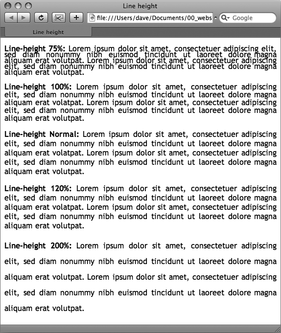 The line-height property lets you spread a paragraph's lines apart or bring them closer together. The normal setting is equivalent to 120 percent, so a smaller percentage tightens up the lines (top), while a larger percentage pushes them apart (bottom).