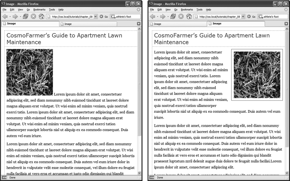 Before and after—CSS, that is. If you rely just on HTML, images take up lots of space (left). With a little CSS (right) you can nicely frame an image and move it out of the way.