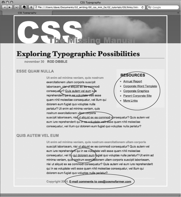 Here's a basic web page with links in their standard browser configuration—underlined and blue (or purple, if they're links to previously visited pages). In this case, some links point to other pages on the site, some point to other sites, and one is an email address. In this tutorial, you'll style each of these links differently.