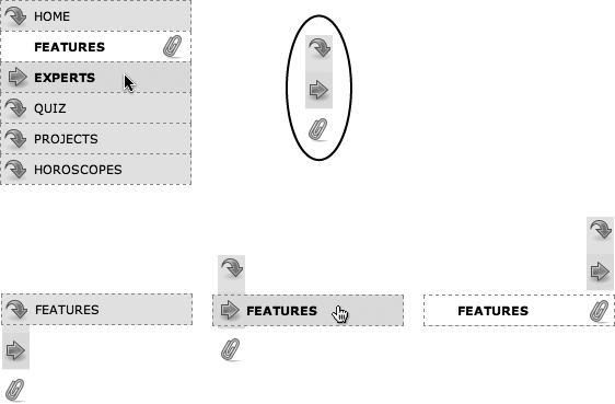 With some basic CSS, it's easy to create interactive rollover effects for navigation buttons. You can even automatically highlight the section of the site in which the current page is located. To speed up the download of your navigation bar graphics, you can use the CSS Sprites method described on . Basically you use one image (circled at top right) and adjust its position for different states of each button (bottom row).