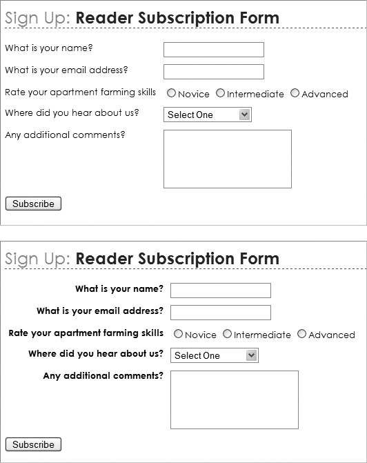 Sometimes small and subtle changes can make a form more readable. Making the questions on the form bold and aligning them with their corresponding form elements (bottom figure) immediately improves the look of the form.