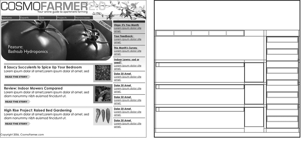 Building a complex page design (left) using the <table> tag involves tricks like nesting tables within tables, merging adjacent cells, and propping open cells with invisible spacer images. It's like building a rigid scaffolding (right), and changing the design of a page requires tearing down the scaffolding and building a new one.