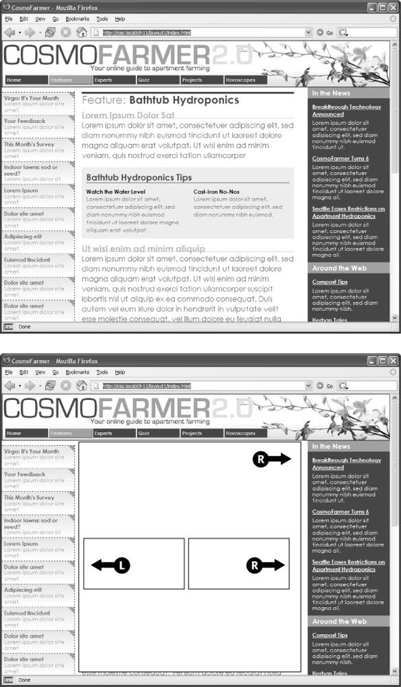 Top: Create columns within columns by floating elements inside another floated element. In the middle column, the Tips box provides a simple two-column note that adds visual interest to the page.Bottom: It doesn't matter which direction the container is floated (in this instance, to the right)—you simply float the two additional columns left and right.