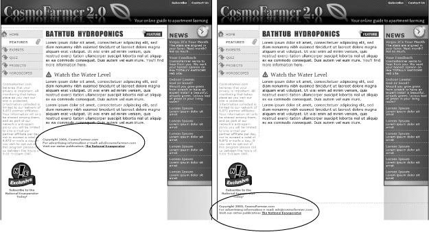 You don't always want an item to wrap around a floated element (left). Copyright notices and other material that belongs at the bottom of a page usually need to clear any floats they encounter. To achieve this, use the clear property for the copyright notice to force it to the bottom of the page below any floated elements.