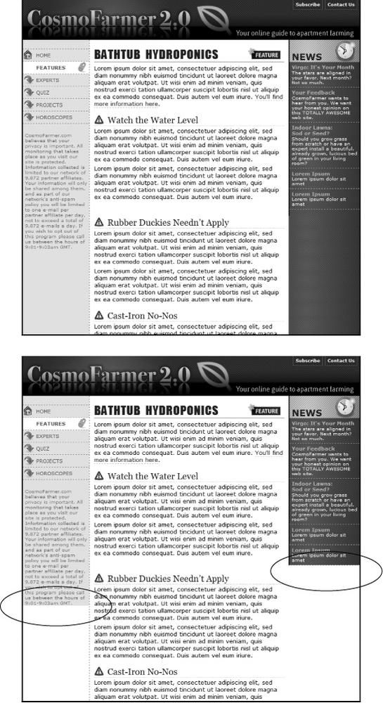 Full-height columns with bold background colors are a common design technique. The left and right sidebars (top) show how solid backgrounds can help visually define the different areas of a page. When a sidebar's background stops abruptly (circled at bottom), you get extra white space that's both distracting and unappealing.