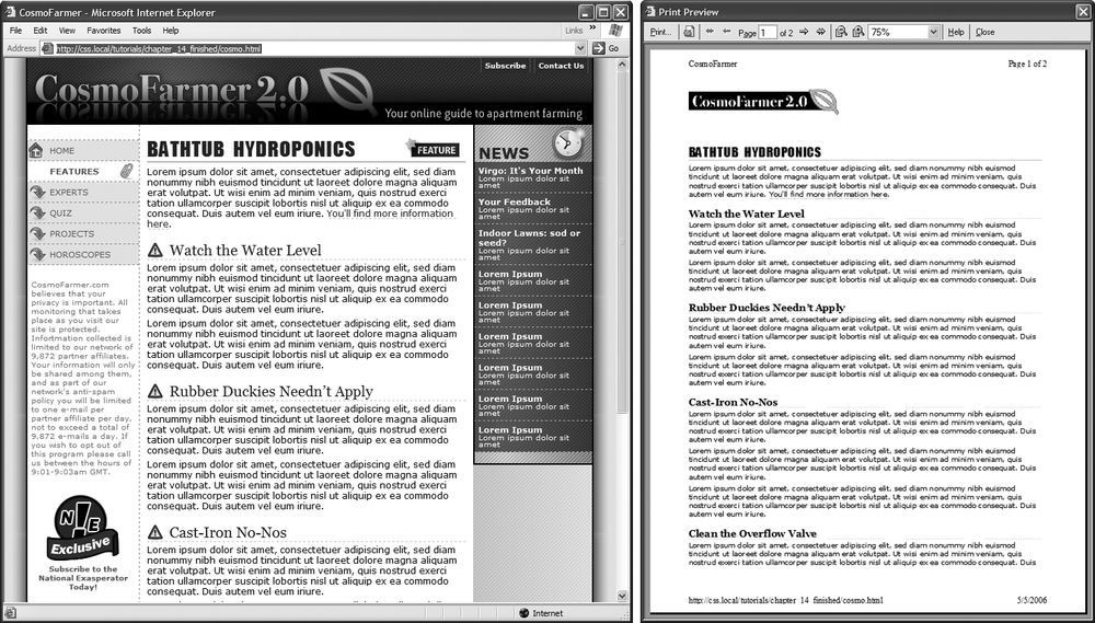 When printing a web page, you really don't need navigation links or information that's not related to the topic at hand. With a printer style sheet, you can eliminate sidebars, navigation bars, and other content designed for web browsing (left). The result is a simply formatted document—perfect for printing (right).