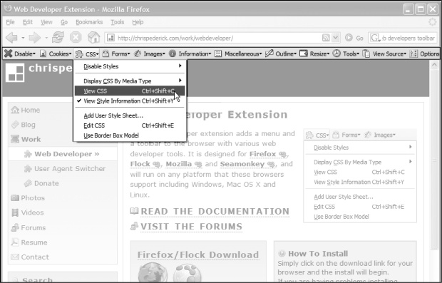 The Web Developer's Extension is a must-have tool for any web designer. This Firefox extension lets you view the styles of any site on the Web, identify the structure of a page's HTML, find out more information on how any element on a page is styled, validate a page and its CSS in one easy operation, and even edit the CSS of a page and see how the changes you make affect the appearance of the page.