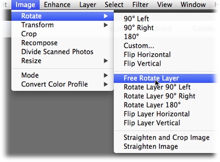 In a Missing Manual, when you see a phrase like “Image→Rotate→Free Rotate Layer,” that’s a quicker way of saying, “Go to the menu bar, click Image, slide down to Rotate, and then, from the pop-up menu, choose Free Rotate Layer.”