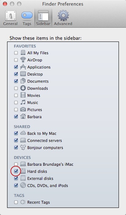 In OS X, Apple has made it a little harder to find your Library folders.The one you’ll need most often resides at the very top level of your hard drive. This folder isn’t exactly hidden, but it doesn’t appear unless you change your settings to make it accessible. To do that, in the Finder, go to Finder→Preferences→Sidebar and, in the Devices section, turn on the “Hard disks” checkbox (circled). After that, you can always find the Library folder by just clicking the name of your hard drive in the list on the left side of a Finder window.The other Library folder you may need is the one for your user account, which is a hidden file. To make it visible, in the Finder, open the Go menu and then press the Option key. Your user account’s Library folder will appear in the menu just below your Home folder.