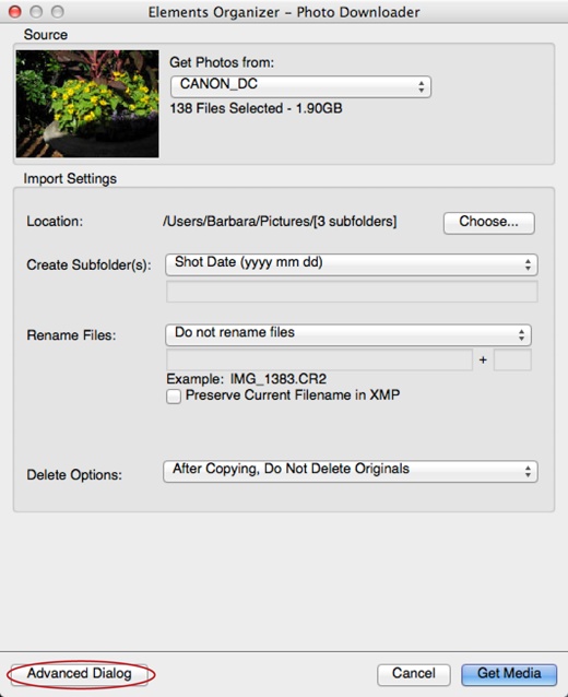 When the Photo Downloader first launches, you see this dialog box, which lets you choose where Elements puts the photos and what it names them (say goodbye to names like IMG_0327. JPG).To get started, choose your camera or card reader from the “Get Photos from” drop-down menu at the top of the dialog box.If you want to import only specific images, click the Advanced Dialog button (circled) so you can choose which photos to grab and fine-tune other settings.