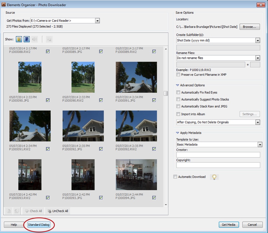 When you want to select which photos to import, summon the advanced Photo Downloader, shown here.To get back to the standard dialog box, click the Standard Dialog button (circled).