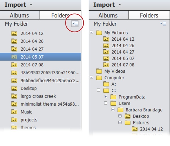 Left: Here’s the basic List view the Organizer starts you out with. Click the four-line square (circled) and choose “View as Tree” to see a more complete view of the folders on your hard drive.Right: Here’s Tree view, where you can right-click/Control-click a folder to see a menu that has all the same options you get by doing so in List view and lets you import photos from that folder, as well as see all the subfolders within that folder. These options let you move a photo from anywhere on your hard drive to anywhere else you like, as long as the photo is already in the Organizer. If not, you’ll need to import it before you can do anything with it here. (To get back to List view, click the square again and choose “View as List.”)