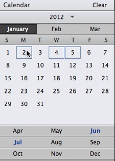 When you click Events view’s Calendar button, this panel appears at the upper right of your screen.Initially, the part that says “2012” here says All Years. Click it and choose the year you want. Here, you can tell that there are events for January, June, and July because those months’ names are displayed in blue rather than black. Click a month to see this daily calendar, where the days with events are outlined. Click a date to see its events. (If you’ve used Organizer in early versions of Elements, this is as close as Elements 13 can get to the old Date view.)