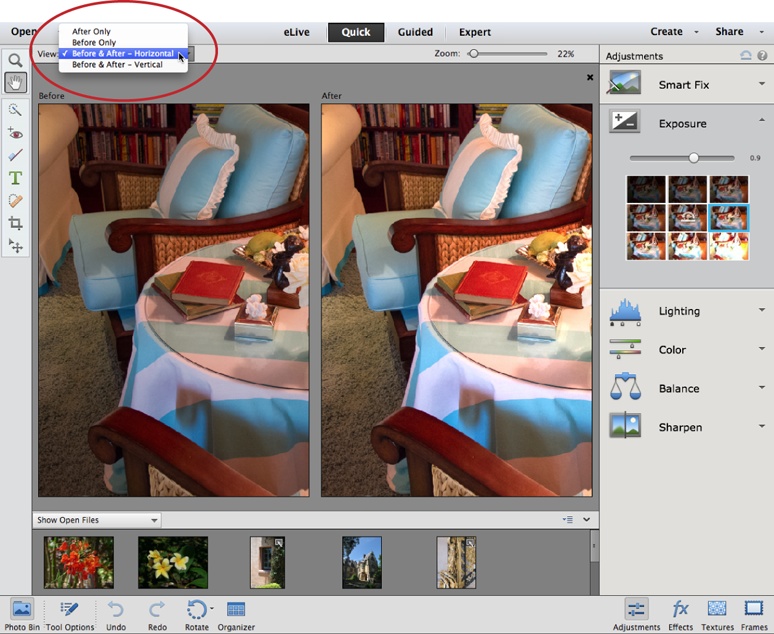 The Quick Fix window’s before-and-after views make it easy to see how you’re changing a photo. This is “Before & After - Horizontal” view, which displays the two versions side by side. To see them one above the other, choose “Before & After - Vertical” instead.If you want a more detailed view, use the Zoom tool or the Zoom slider at the top of the window to focus on just a portion of the image.