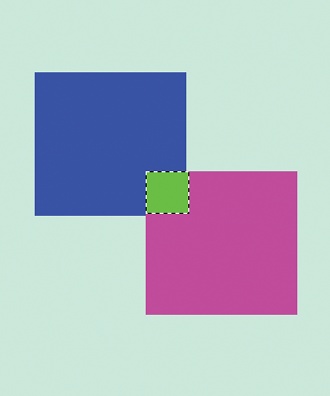 Intersect mode lets you take two separate selections and select only the area where they intersect. If you have an existing selection, then when you select again, your new selection includes only the overlapping area.Here, the top blue square was the first selection, and the bottom fuchsia square was the second. The bright green area is the final selection.