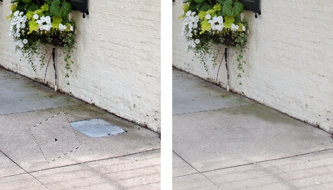 Left: To get rid of the meter-access hatch in this photo and keep it from drawing attention away from the lovely flowerboxes, select a piece of the sidewalk, and then activate the Move tool and hold down the Alt/Option key while dragging to copy the selected area. (If you use the Move tool without holding down Alt/Option, Elements cuts the selected object instead, leaving a hole in your photo.)Right: After using the Clone Stamp (page 318) to blend in the new piece, you’d never know that slab of sidewalk wasn’t solid.