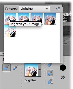 The things you can do with the Smart Brush are grouped into the categories listed in this drop-down menu. Select different categories to see different presets. Each thumbnail image shows that option applied to a photo.For exposure issues, start by looking at the Lighting category (choose Lighting from the drop-down menu at the top of the panel). You can choose to make the area you’re about to paint darker or brighter, increase or decrease its contrast, or add a spotlight effect to it. Just put your cursor over each thumbnail to find the effect you want, and then click it to select it.