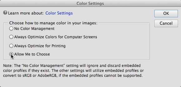 If you select “Allow Me to Choose,” you see the Missing Profile dialog box each time you open an untagged image.(You’ll learn about color tags in a sec.)