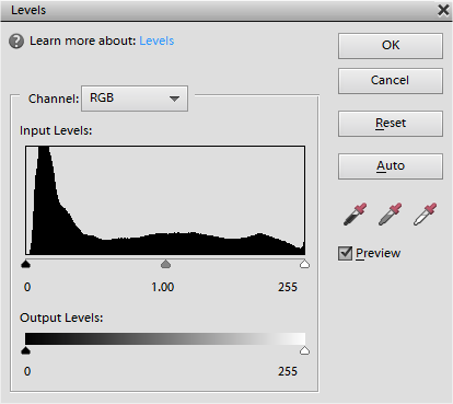 One of the scariest sights in Elements, the Levels dialog box is actually your friend. If it frightens you, take comfort in knowing that you can always click the Auto button here, which is the same Auto Levels command as in Quick Fix. But it’s worth persevering because the other options here give you much better control over the end results.