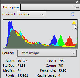 If you keep the histogram available by opening the Histogram panel (Window→Histogram), you can always see what effect your changes are having on the photo’s color distribution.To get this nifty Technicolor view, choose Colors from the panel’s Channel drop-down menu. To update the histogram to reflect any changes you’ve made to the image, click the triangle in its upper right as shown here, or the circling arrows above it.If you’re into statistics, there are a bunch of them at the bottom of this panel, but if you’re not a pro, you can safely ignore these numbers.