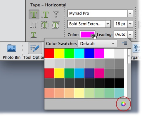 Whether you prefer using Color Swatches or the Color Picker, for most tools, you can choose your favorite method in the Tool Options area.Click the color sample in the box to bring up the Color Swatches. If you prefer the Color Picker, click the multicolored circle (circled) to call it up. (This is different from how things worked in old versions of Elements.)