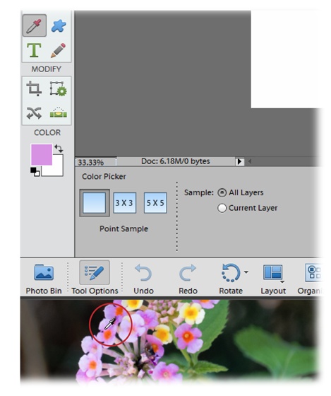 To use the Eyedropper tool to sample colors outside of Elements, activate the tool, and then click anywhere in your Elements document and keep your mouse button pressed. Then, while still holding down your mouse button, move your cursor to the non-Elements object (a web page, for instance), until it’s over the area you want to sample. (Watch your foreground color square as you drag—it changes to reflect the color your cursor is currently over.)When you let go of your mouse button, the new color appears in Elements’ foreground color square. (If you let go before you get to the non-Elements object, this trick won’t work.)Here, the Eyedropper (circled) is sampling the purple color from a photo that’s open in Windows Photo Viewer. If you don’t have a big monitor, it can take a bit of maneuvering to get the program windows positioned so you can perform this procedure.