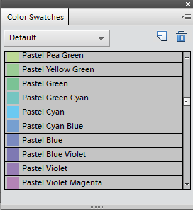 To see swatch information displayed like this, click the four-line square at the top right of the panel and select Small List.Depending on the library you’re using, in addition to small thumbnails of each color, you may see the colors’ names or hex numbers.