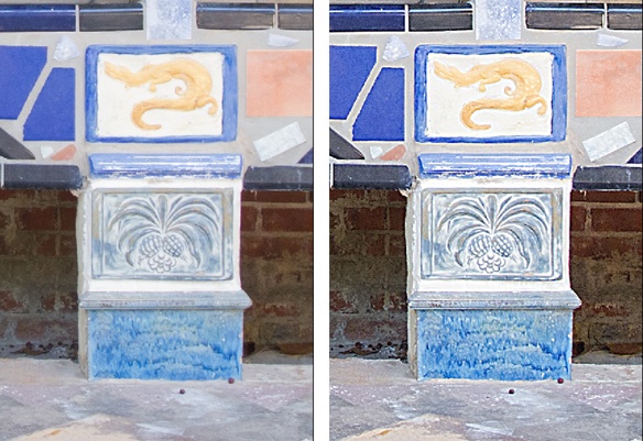 Left: A closeup look at the original photo.Right: High-pass sharpening using the Vivid Light blend mode makes the colors stand out more, but it also makes all the tiles a bit coarser and rougher looking than they were in the original. For this technique, you can use any of the blend modes in the group with Overlay except Hard Mix and Pin Light. Vivid Light can make colors pop, but watch out for sharpening artifacts (page 272), since they’ll be more vivid, too. Overlay gives you a softer effect.