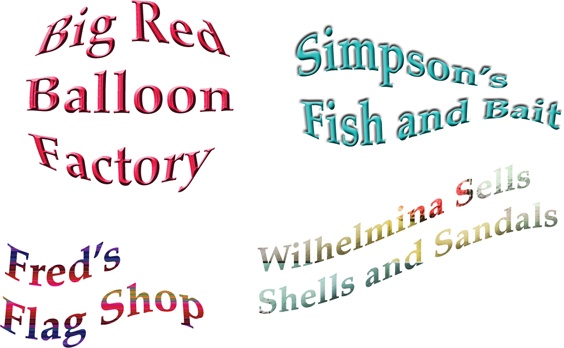 Elements gives you oodles of ways to warp text. Here are some of the basic warps, applied using their standard settings. Clockwise from upper left, they are Inflate, Fish, Rise, and Flag.You can tweak these effects endlessly using the sliders in the Warp dialog box. (These examples also have layer styles applied to them.)