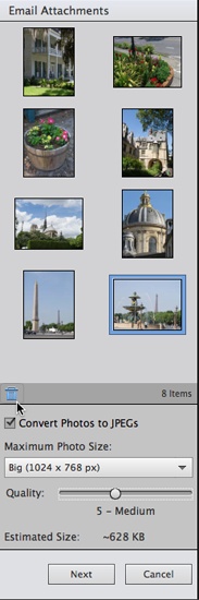 The Organizer’s Email Attachments panel is pretty easy to use. You can start with one photo or a group, as shown here.To send more photos, just drag the images’ thumbnails from the Media Browser into this panel. Remove photos you don’t want by highlighting them in the panel and then clicking the little trashcan below the thumbnail area (where the cursor is here). Drag your photos in the panel to change their order