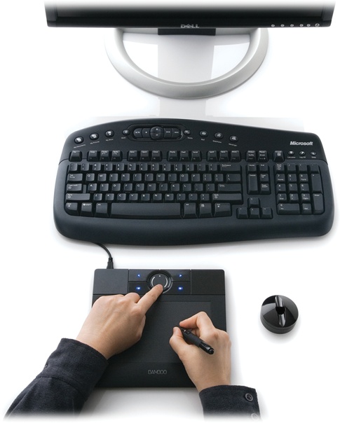 A Wacom Bamboo tablet in action.The working area is inside the rectangle on the tablet’s surface. The buttons and ring at the top of the tablet let you do things like zoom and scroll.For basic photo retouching, a small tablet is usually fine. If you want to do more drawing and like to make sweeping strokes when you draw, then you may want a larger model.You can also buy tablets that let you use your fingers on them, like a laptop trackpad. But for photo editing, you’ll be happier with one that comes with a pen-like stylus, since the stylus lets you be more precise when doing things like making selections.