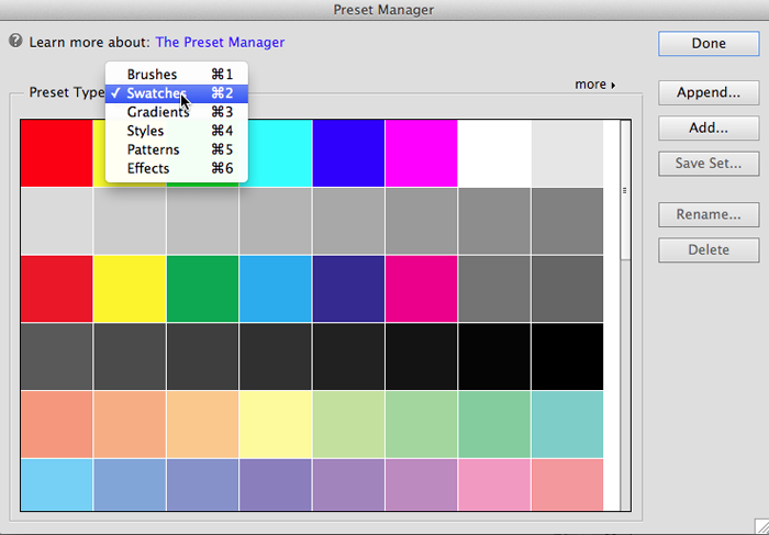 Elements’ Preset Manager is a nifty feature that lets you see all your brushes, swatches, gradients, layer styles, patterns, and effects in one place.You can use it to change which groups are loaded, add or remove items, and so on—the same way you would when using the Brush tool.