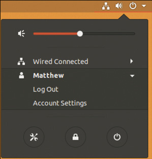 A screenshot shows the Power icon menu. It has Volume control and Connectivity settings followed by User Profile, which is in expanded mode, revealing two options: Log Out and Account Settings. Settings, Lock, and Power icons are given below.