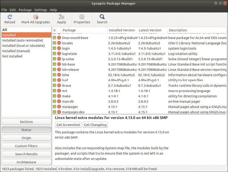 A screenshot of the Synaptic Package Manager.