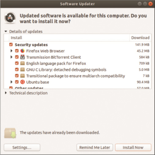 A screenshot of the Software Updater tool displaying the security updates.