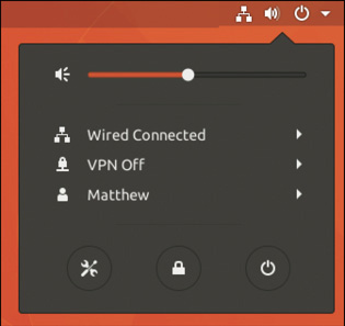 A screenshot shows the Power menu at the top right of the Ubuntu desktop in the expanded mode. The Settings icon is at the bottom left of the menu.