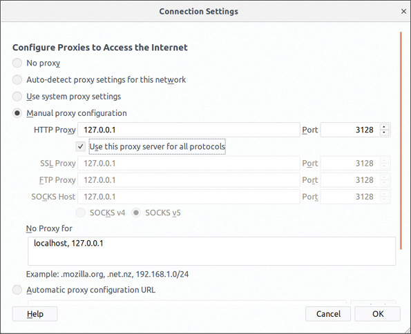 A screenshot of the Connection Settings that illustrates configuring firefox to use Squid.