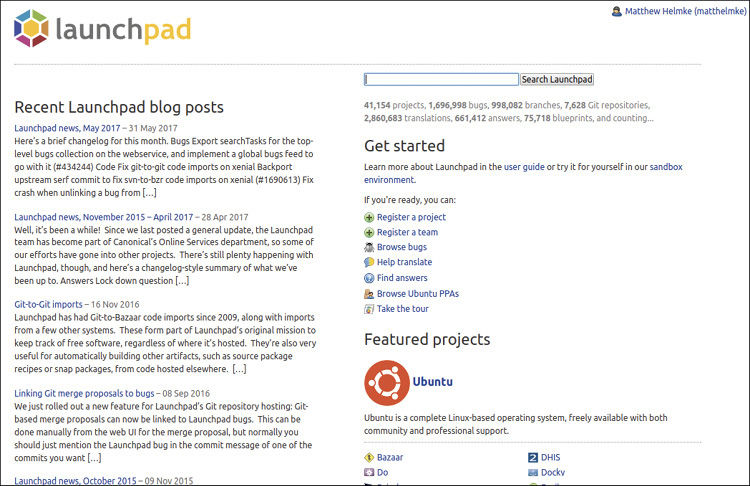 A screenshot of the home page of Launchpad is shown. On the left, the Recent Launchpad blog posts are listed. On the right, following the Search Launchpad option are the steps to Get Started with Launchpad and its Featured Projects including Ubuntu are listed.