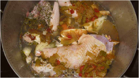 Heritage chicken parts in stockpot.