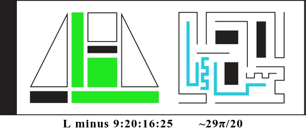 Graphic showing L minus 9:20:16:25 and about 29 pi divided by 20. There are two alien glyphs with colored parts indicating a binary display. The first glyph is made of triangles, rectangles, and squares. It currently reads: 010101. The second glyph is made of bent lines and currently reads: 100001100.