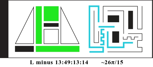 Graphic showing L minus 13:49:13:14 and about 26 pi divided by 15. There are two alien glyphs with colored parts indicating a binary display. The first glyph is made of triangles, rectangles, and squares. It currently reads: 011001. The second glyph is made of bent lines and currently reads: 100101001.