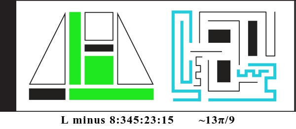 Graphic showing L minus 8:345:23:15 and about 13 pi divided by 9. There are two alien glyphs with colored parts indicating a binary display. The first glyph is made of triangles, rectangles, and squares. It currently reads: 010101. The second glyph is made of bent lines and currently reads: 011100100.