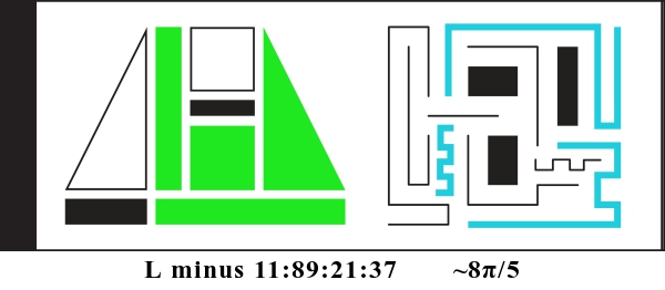 Graphic showing L minus 11:89:21:37 and about 8 pi divided by 5. There are two alien glyphs with colored parts indicating a binary display. The first glyph is made of triangles, rectangles, and squares. It currently reads: 010111. The second glyph is made of bent lines and currently reads: 101010000.