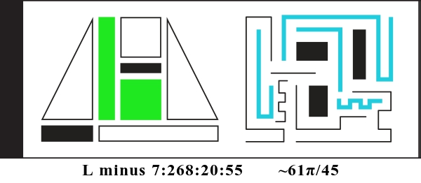 Graphic showing L minus 7:268:20:55 and about 61 pi divided by 45. There are two alien glyphs with colored parts indicating a binary display. The first glyph is made of triangles, rectangles, and squares. It currently reads: 010100. The second glyph is made of bent lines and currently reads: 010010110.